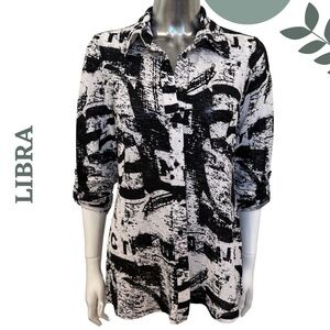 🛍️3/$40 Libra Graphic Black & White Tunic Button-Up Shirt | Made in Canada Sz XS